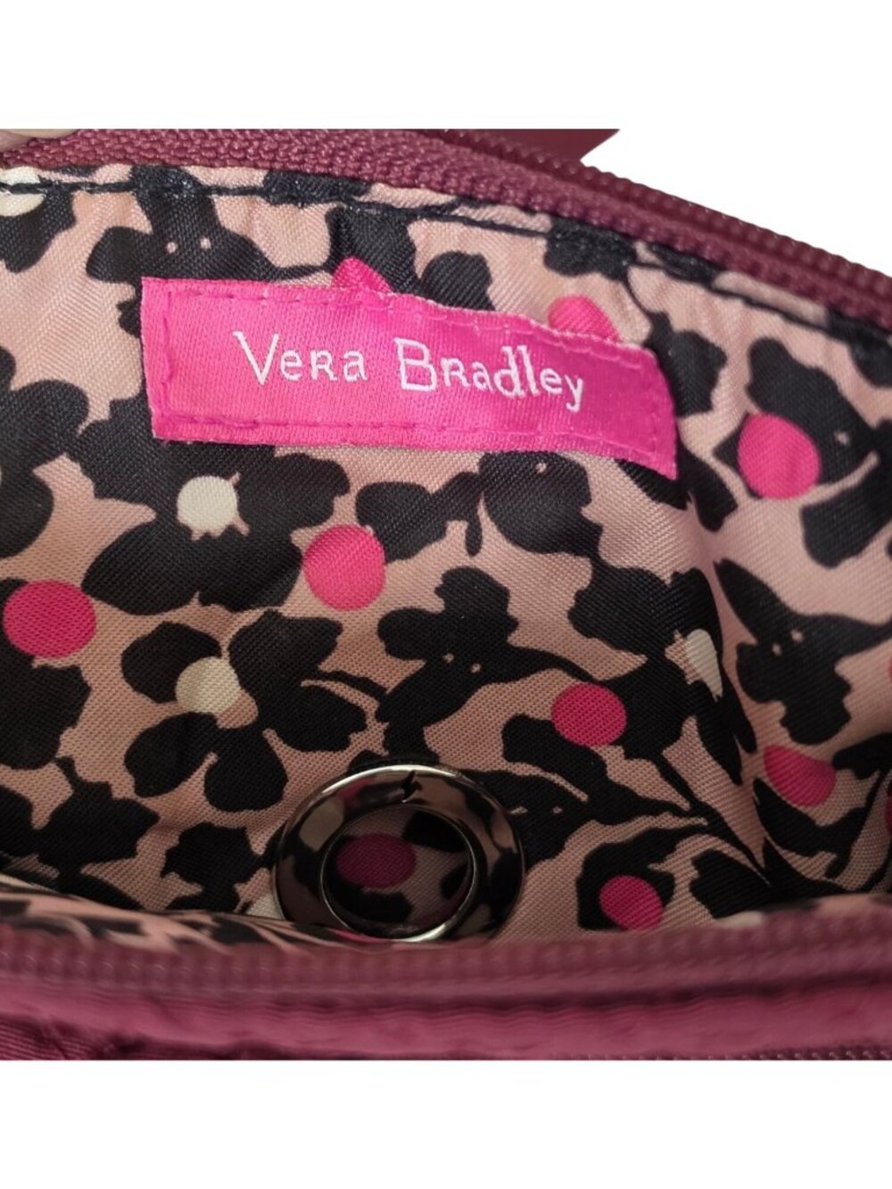 Vera Bradley Quilted Crossbody Organizer Bag Burgundy Plum Floral Interior - Picture 9 of 13